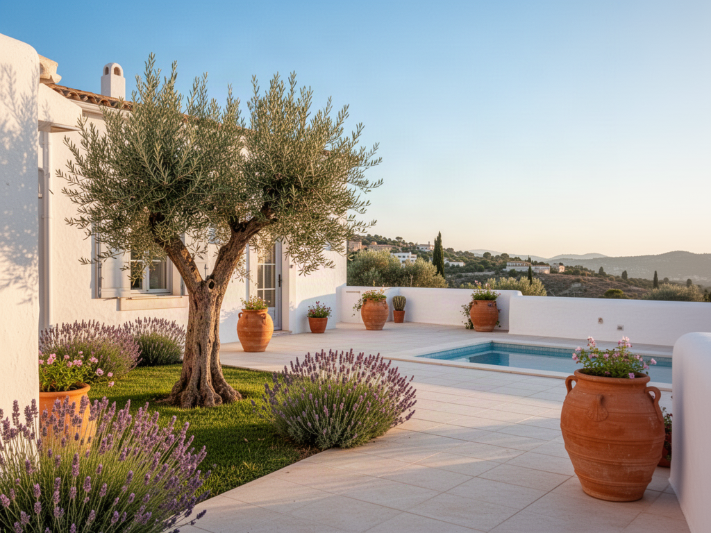 Sunny Mediterranean villa terrace with a tidy garden and pool